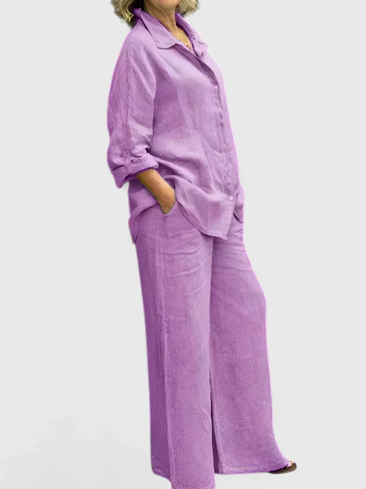 Coordinated women's relaxed shirt and wide leg trouser set, a stylish matching outfit.