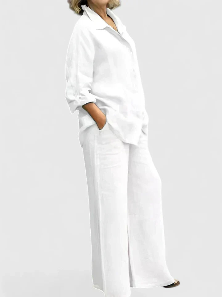 Women's fashion relaxed shirt and wide leg trousers, a chic two-piece set for versatile styling.