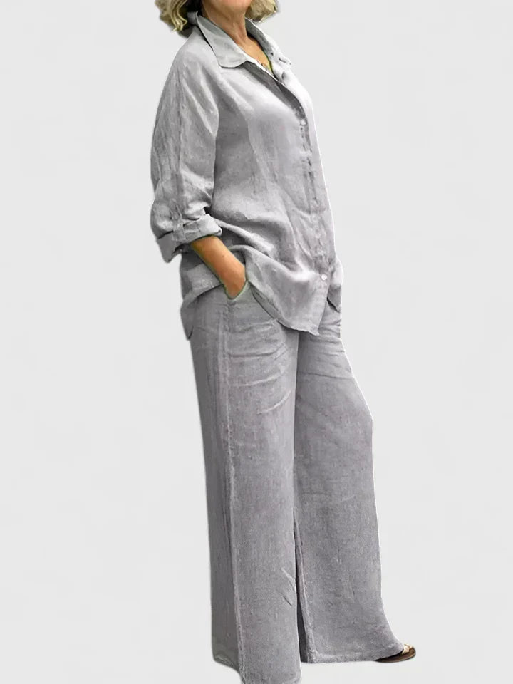 Stylish women's spring fashion two-piece set: relaxed shirt & wide leg trousers for comfort.