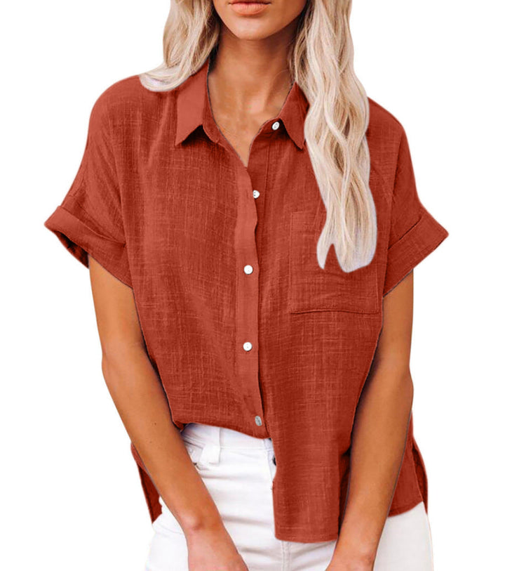 Summer casual women's relaxed fit blouse top, featuring short sleeves and a button front for everyday comfort.