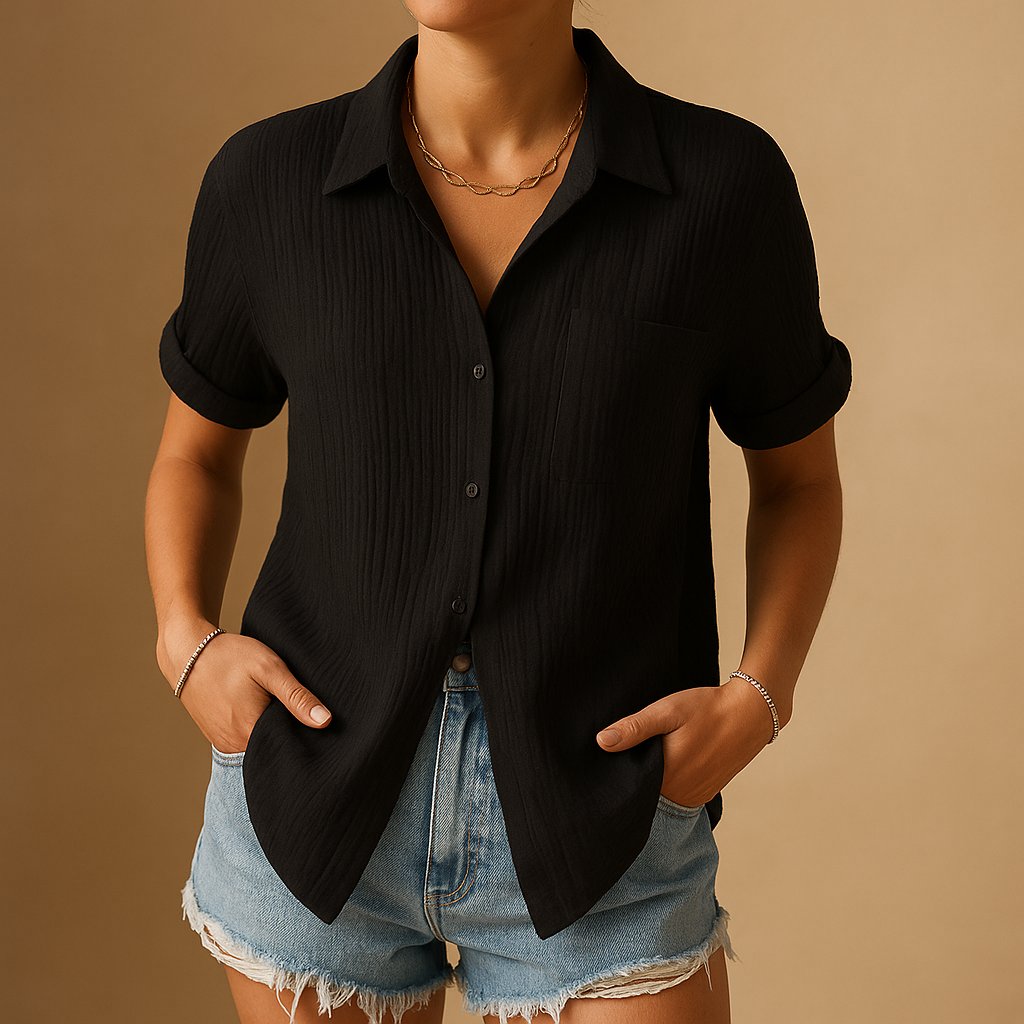 Versatile women's everyday comfort top, short sleeve, relaxed fit, button-down, great for casual summer wear.