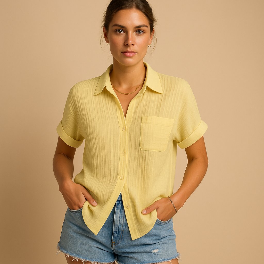 Relaxed fit women's short sleeve shirt, soft fabric, classic collar, chest pocket, perfect for summer casual.