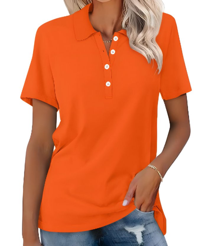 Casual women's relaxed fit polo shirt with short sleeves, made from soft breathable cotton.