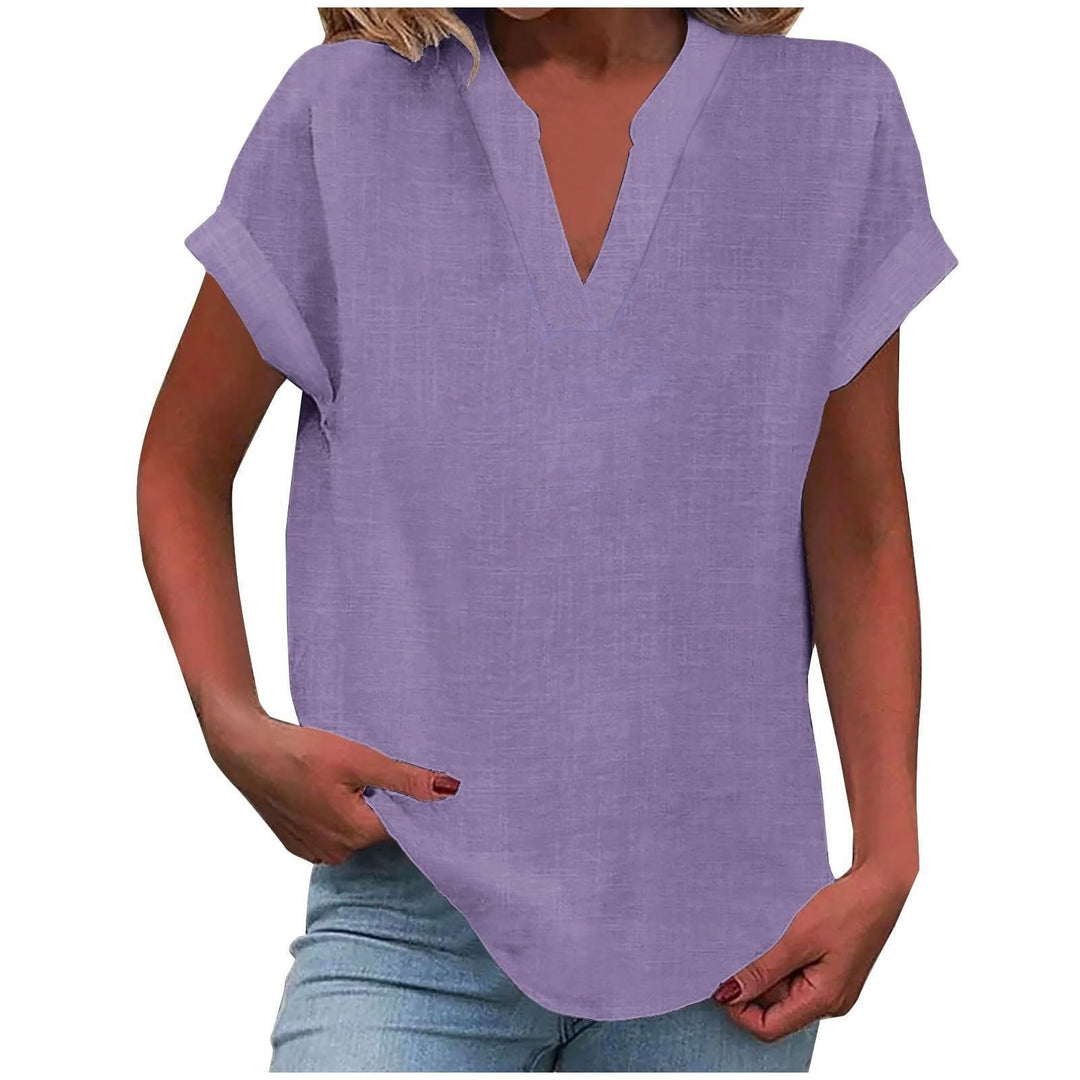 Women's relaxed-fit short-sleeve V-neck blouse, perfect for everyday style and comfort.