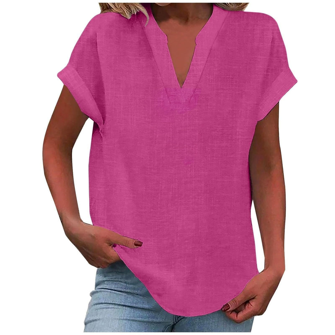 Lightweight women's short-sleeve V-neck blouse, relaxed fit, perfect for summer fashion trends.