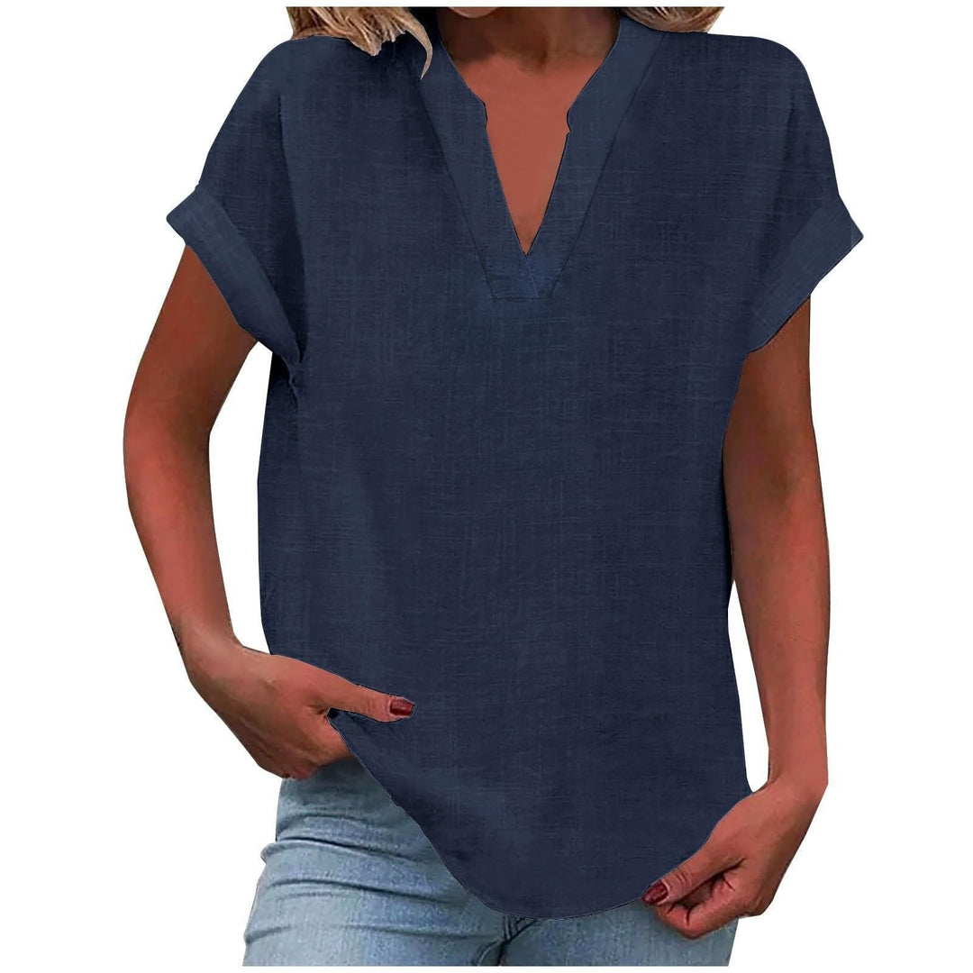 Essential women's relaxed-fit short-sleeve V-neck blouse, a versatile staple for any wardrobe.