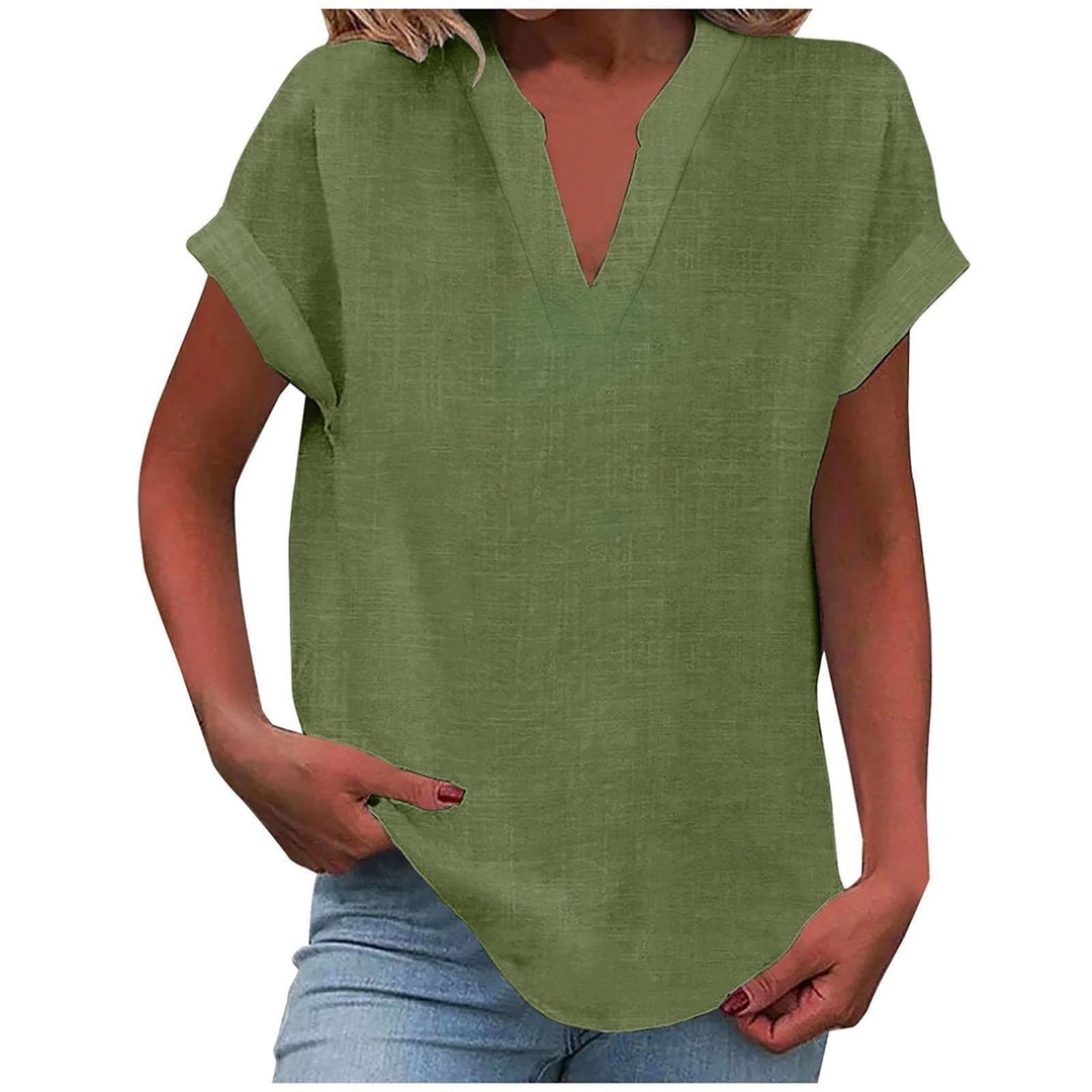 Casual chic women's short-sleeve V-neck blouse, relaxed fit, ideal for laid-back sophistication.