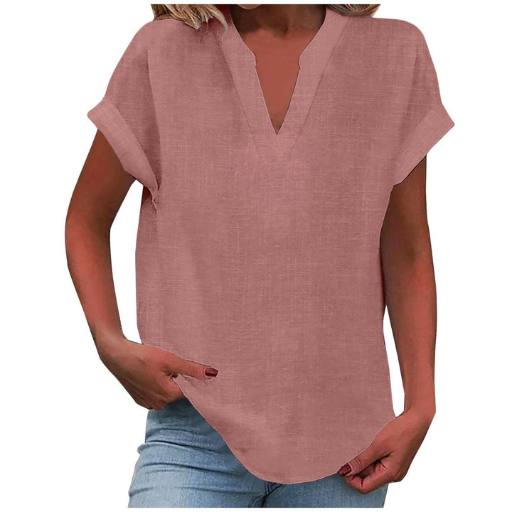 Versatile women's V-neck top, relaxed fit, short sleeve; ideal for office wear or smart casual looks.