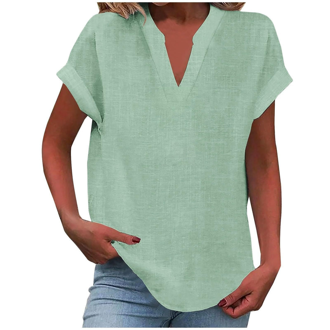 Smart casual women's short-sleeve V-neck blouse, relaxed fit, easy to dress up or down.