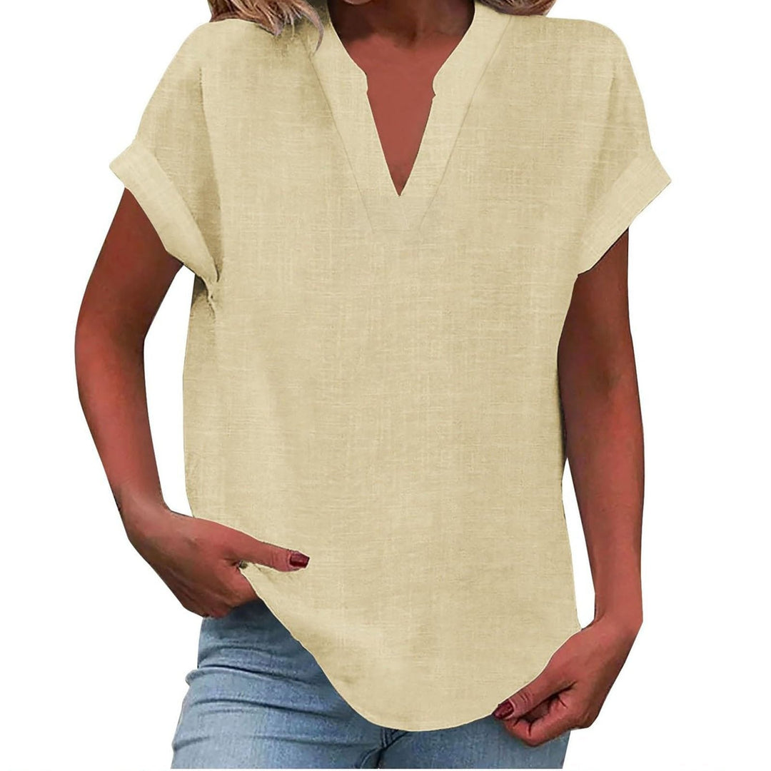 Modern relaxed-fit V-neck blouse for women, short sleeves, suitable for various occasions.