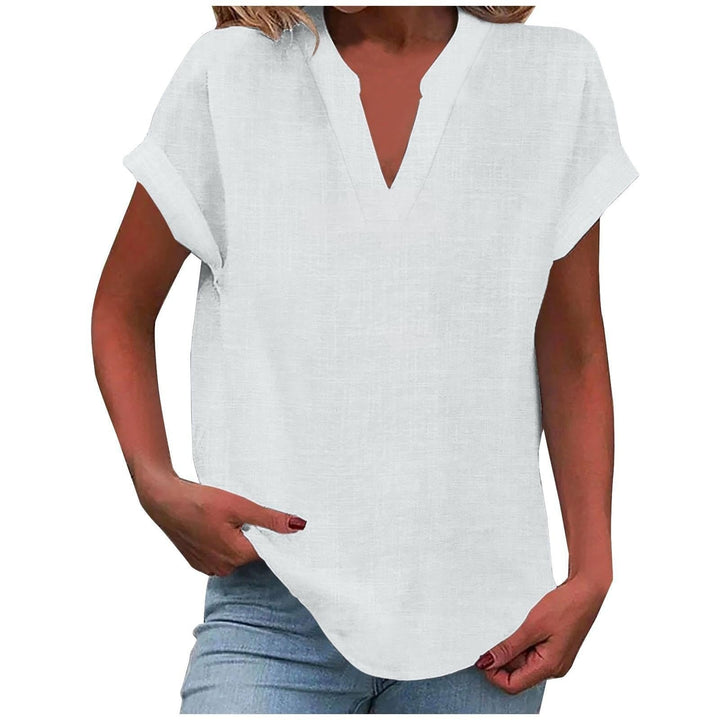 Professional women's V-neck blouse, short-sleeve, relaxed fit, a stylish choice for office wear.