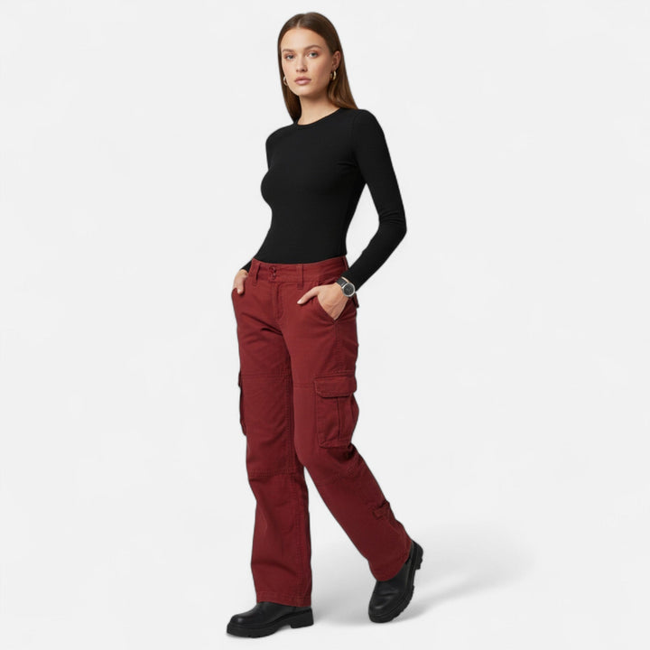 Stylish women's utility cargo pants with a relaxed straight leg, ideal for versatile casual outfits.