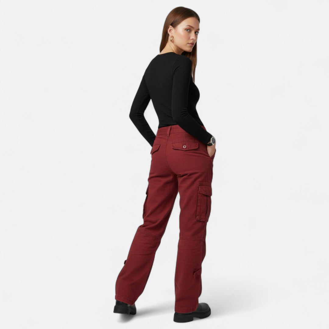 Comfortable mid-rise women's cargo pants, relaxed fit, straight leg, great for versatile casual style.
