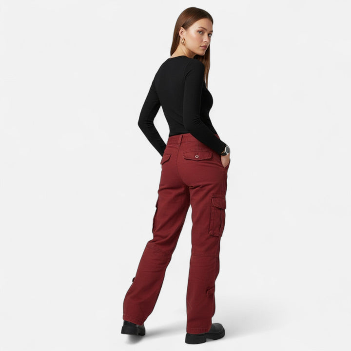 Comfortable mid-rise women's cargo pants, relaxed fit, straight leg, great for versatile casual style.