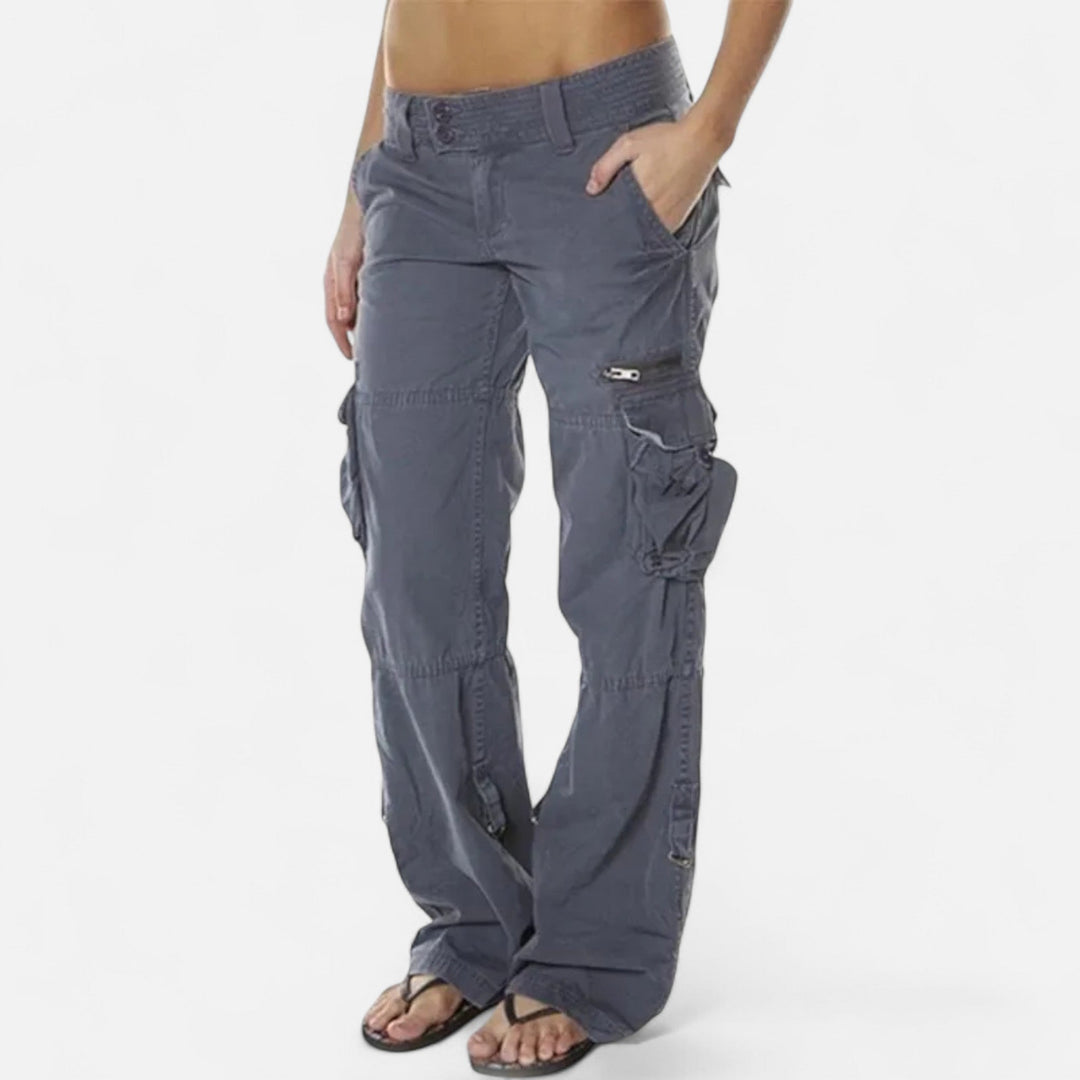 Versatile women's straight leg cargo pants, relaxed fit, mid-rise design for comfortable everyday wear.