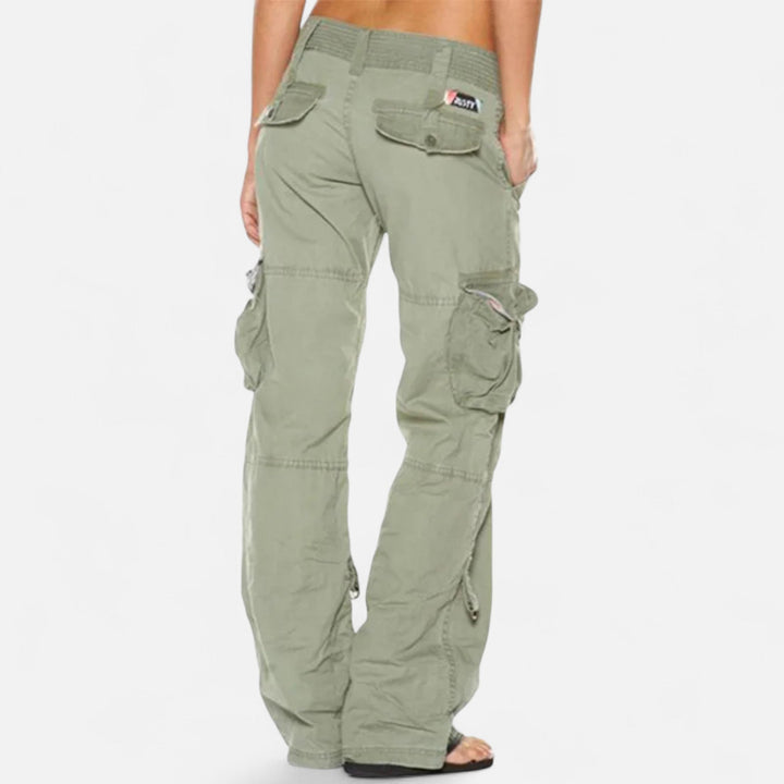 Women's relaxed fit straight leg cargo trousers, featuring utility pockets for a casual, functional look.