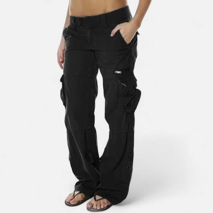 Model in women's relaxed fit straight leg cargo pants, showcasing comfortable and casual utility style.