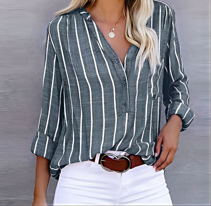 Women's relaxed fit striped blouse, perfect for everyday casual wear & comfort. Versatile long sleeve shirt.