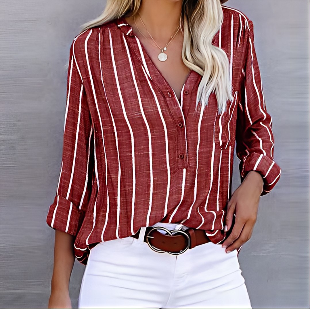 Seasonal women's striped relaxed fit shirt, a chic long sleeve blouse for comfortable everyday casual wear.