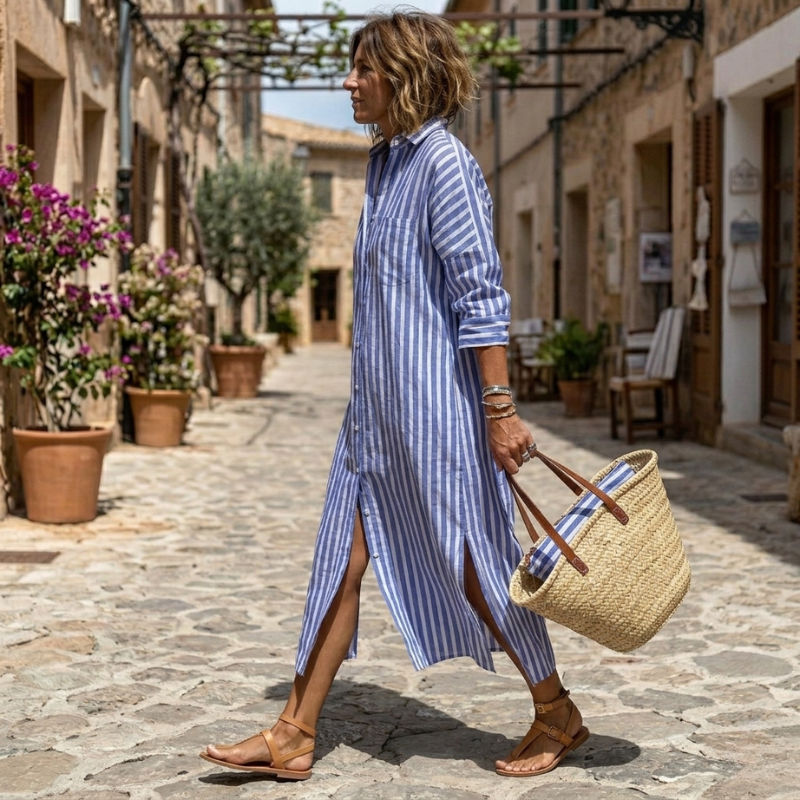 Full view of a women's relaxed striped shirt dress, showcasing effortless summer casual style & elegant daywear.