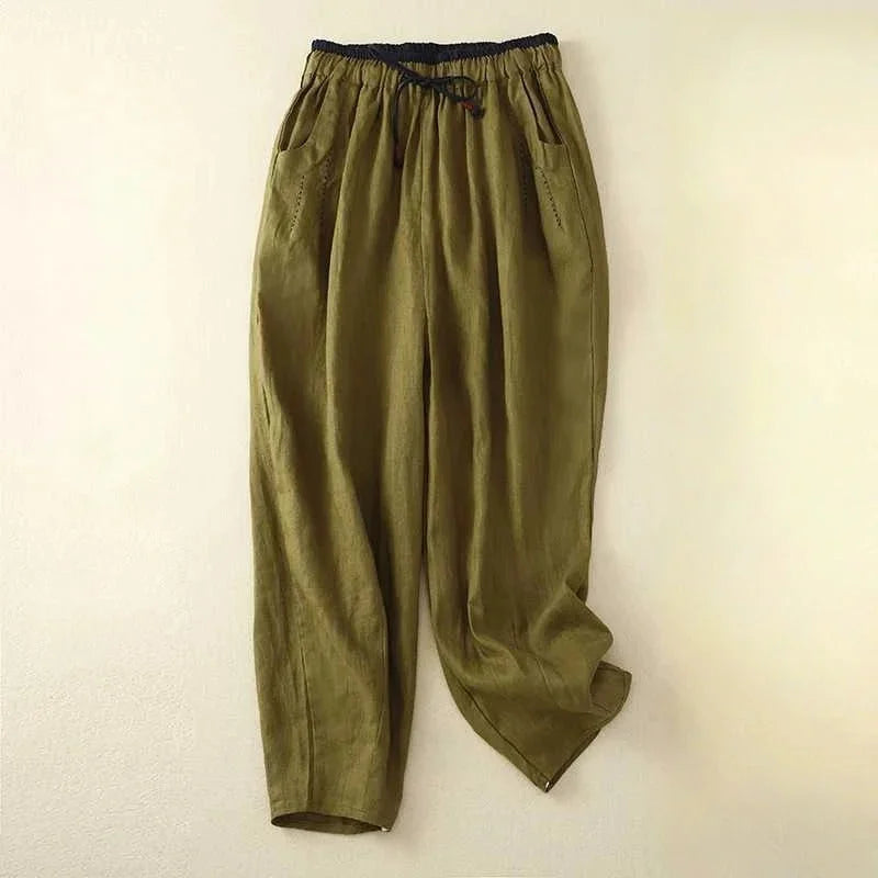 Breathable women's summer pants, relaxed fit, wide leg, elasticated drawstring waist. Ideal for warm weather comfort.