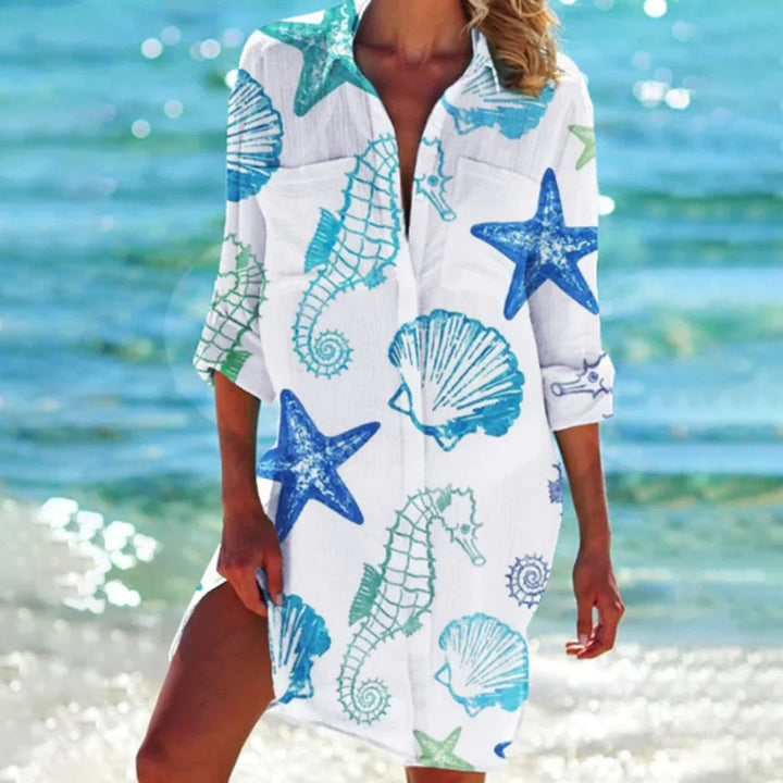 Trendy women's relaxed fit summer shirt, comfortable and stylish for beach or casual outings.