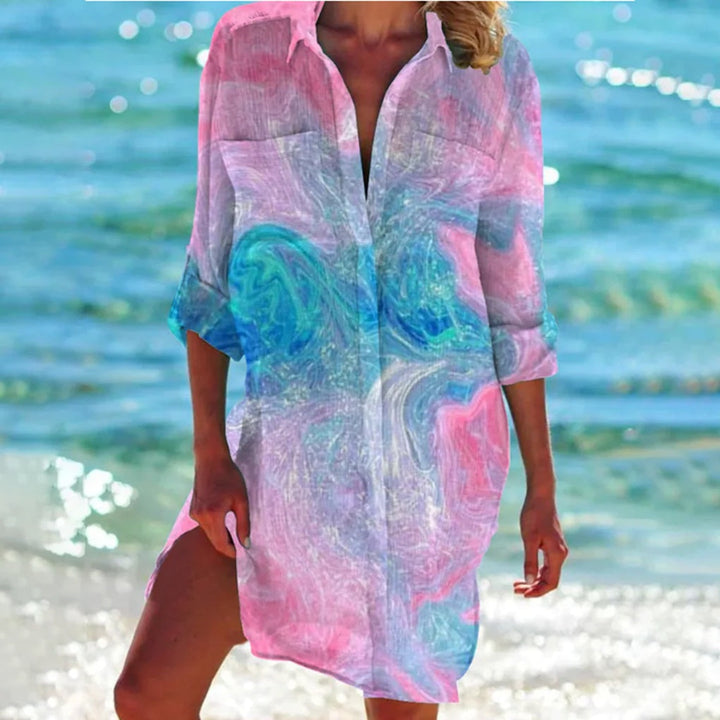 Effortless women's relaxed fit summer shirt, perfect beach style top for warm weather vacations.