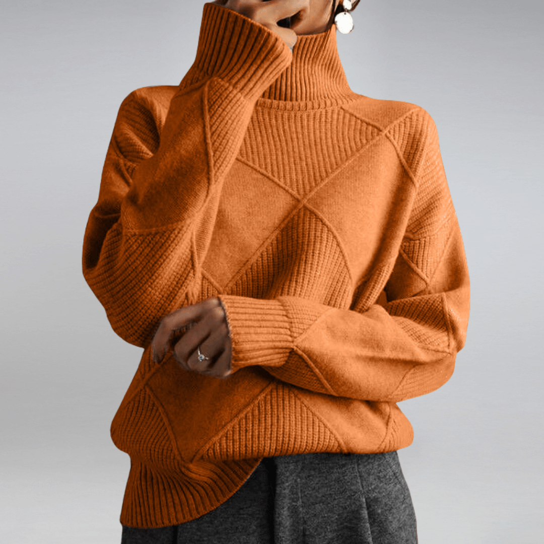 Modern women's turtleneck sweater, relaxed fit long sleeve, perfect for cozy winter elegance.