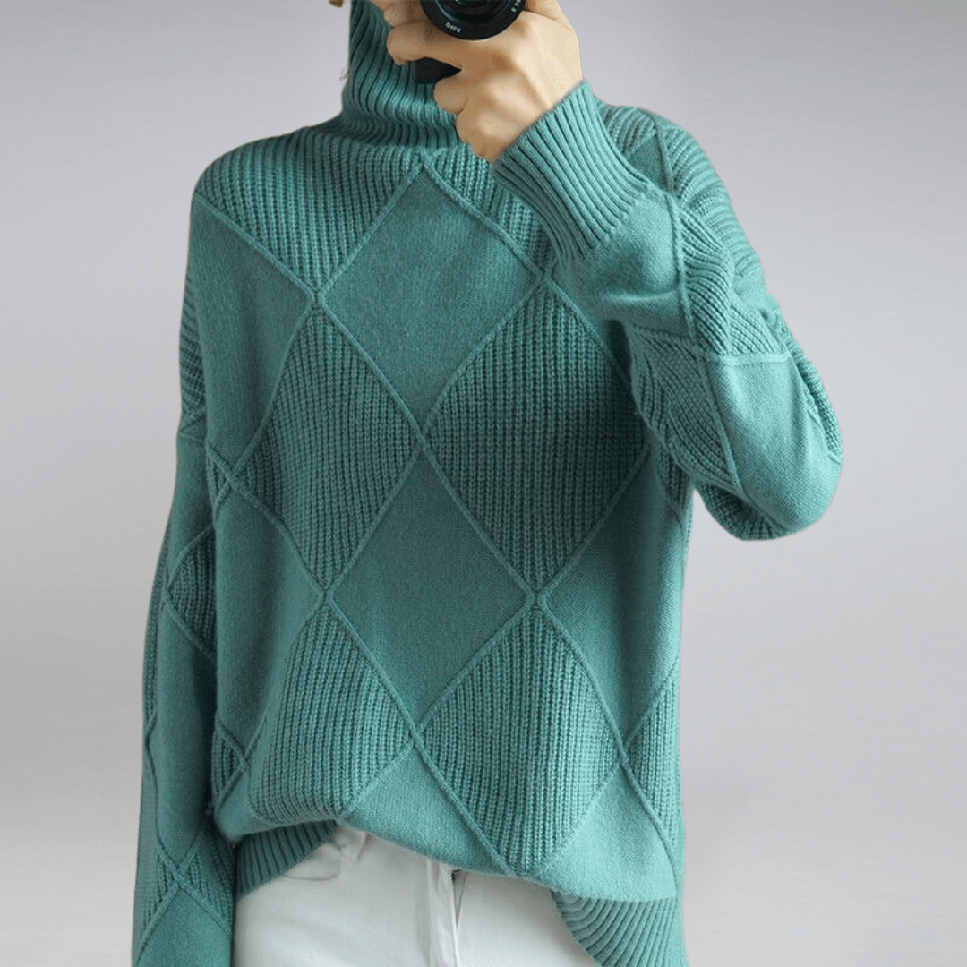 Chic women's relaxed fit turtleneck sweater, cozy and elegant for everyday winter fashion.