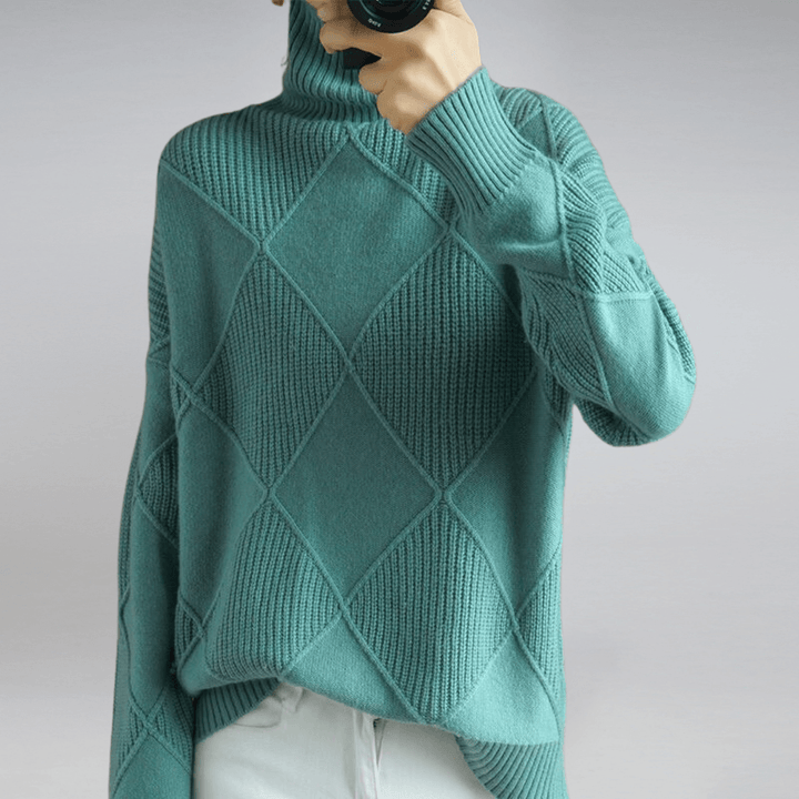 Chic women's relaxed fit turtleneck sweater, cozy and elegant for everyday winter fashion.