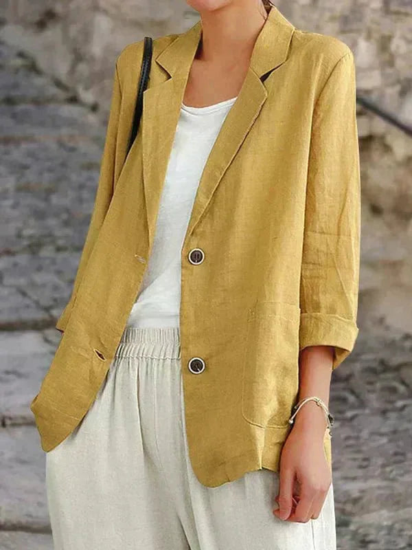 Yellow women's relaxed fit blazer, a chic two-button 3/4 sleeve jacket for effortless style & comfort.