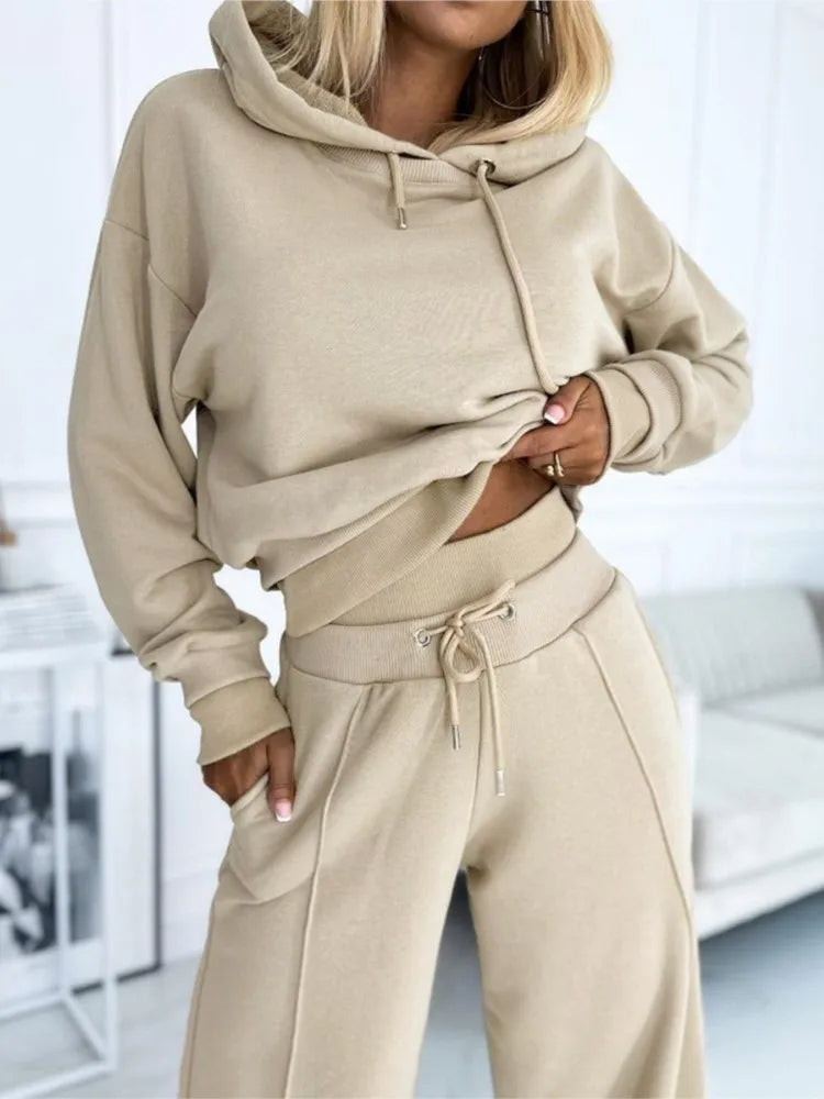 Women's relaxed fit two-piece outfit set in beige, perfect for casual summer wear or comfortable loungewear.