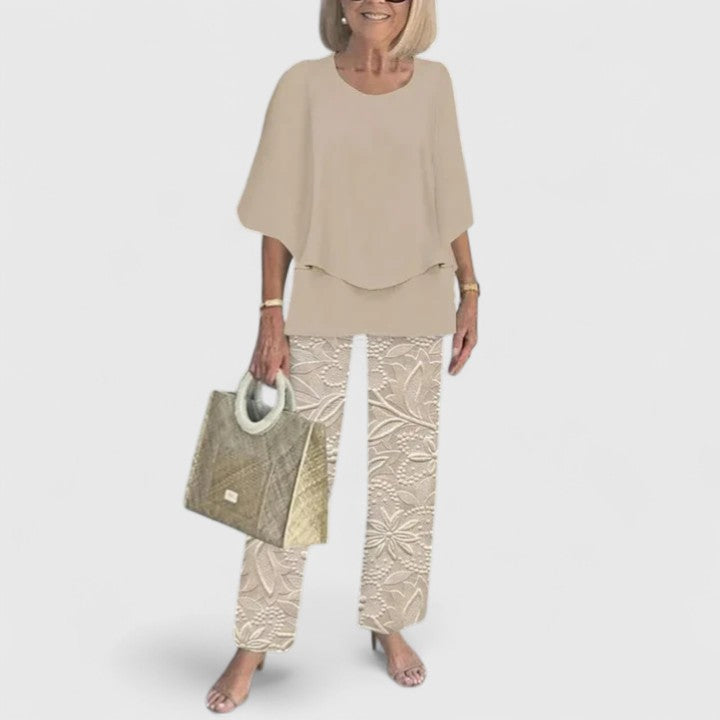 Detail of wide leg pants from women's two-piece relaxed fit set, offering both style and comfort.