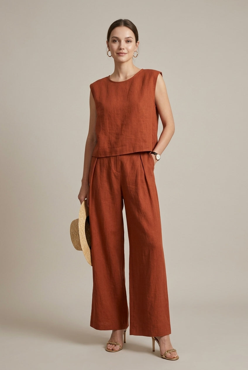 Women's relaxed fit two-piece set, featuring a sleeveless top and wide-leg pants for effortless spring/summer style.