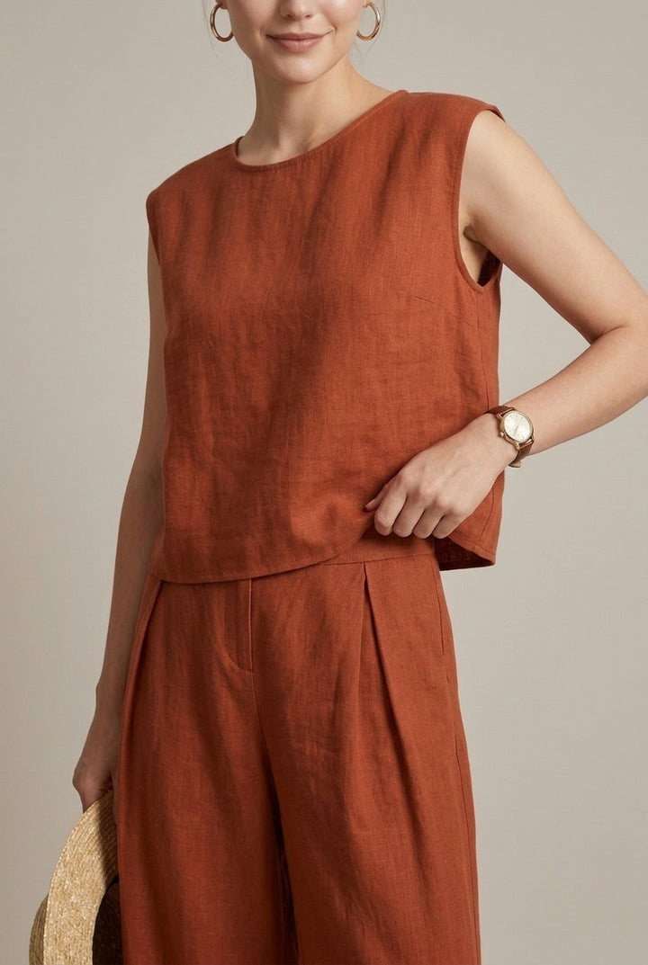 Comfortable women's two-piece outfit set with a chic sleeveless top & flowy wide-leg pants. Perfect for casual wear.