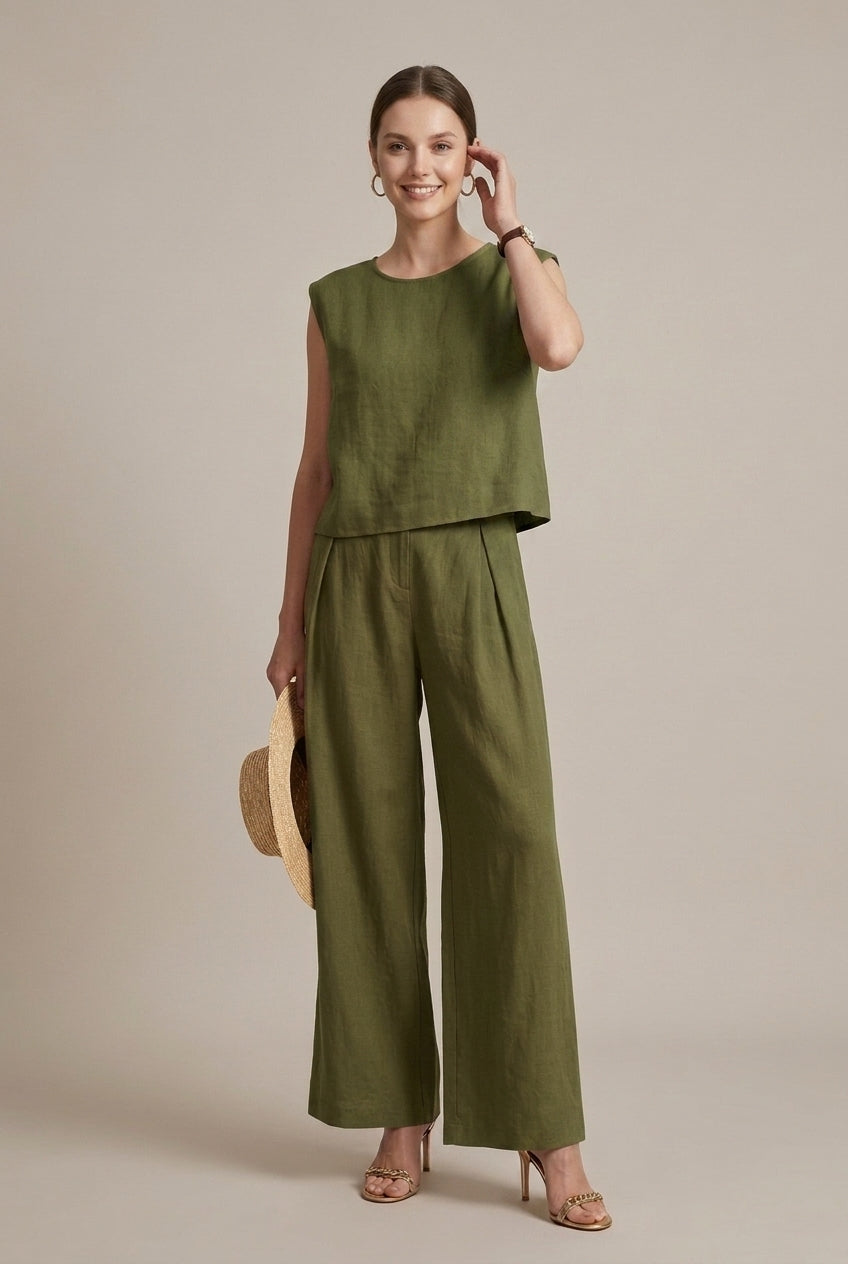 Stylish women's spring/summer two-piece set, a relaxed sleeveless top paired with comfortable wide-leg pants.