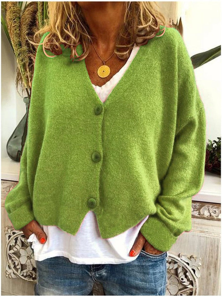 Stylish women's relaxed fit V-neck cardigan, featuring a button-front for easy layering and everyday comfort.