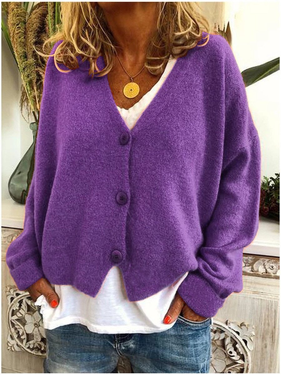 Relaxed fit women's V-neck cardigan with button-front, offering comfort and style for casual wear.