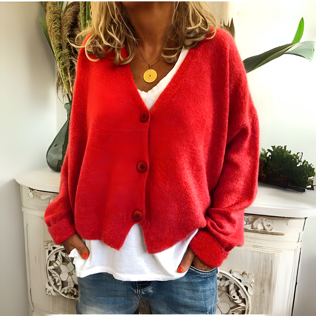 Women's relaxed fit v-neck cardigan, button-front, for cozy, versatile everyday layering.