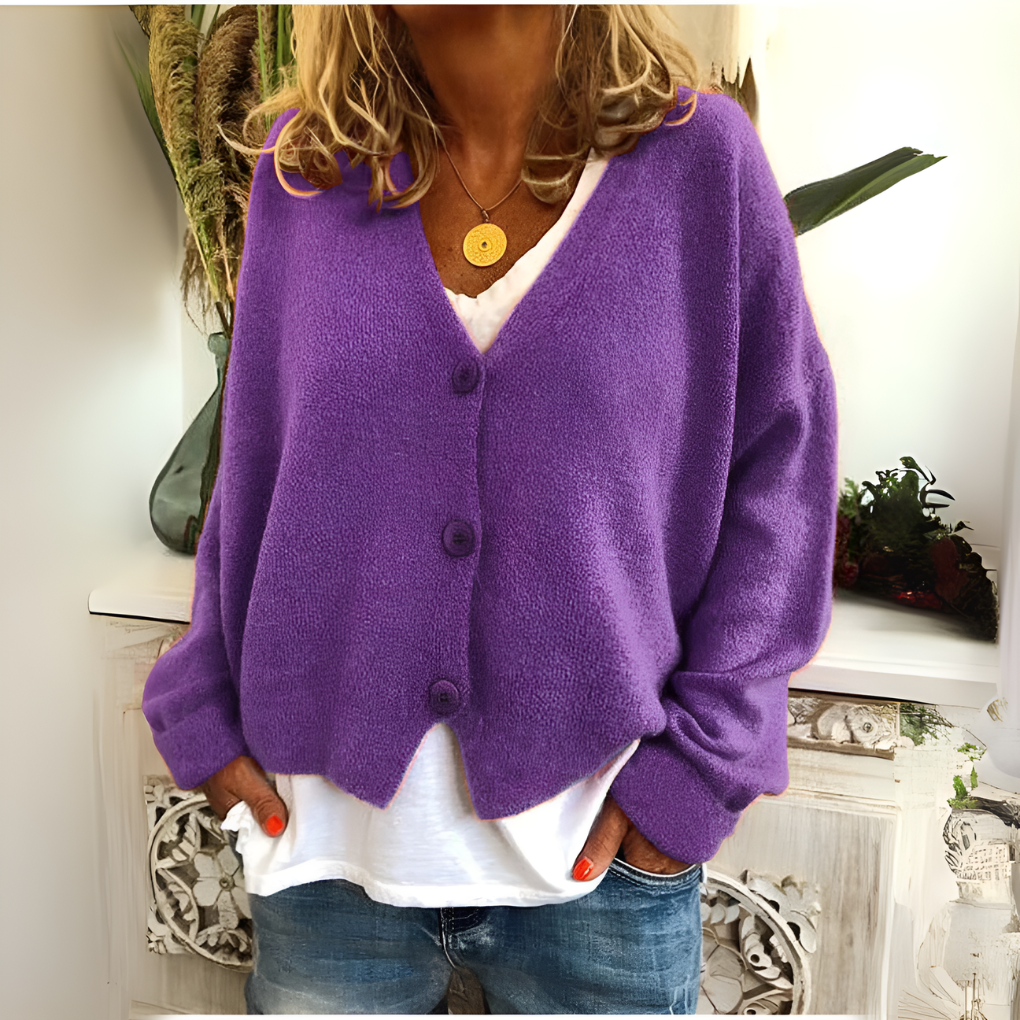 Stylish women's v-neck relaxed fit cardigan, perfect for spring fashion or autumn wear.