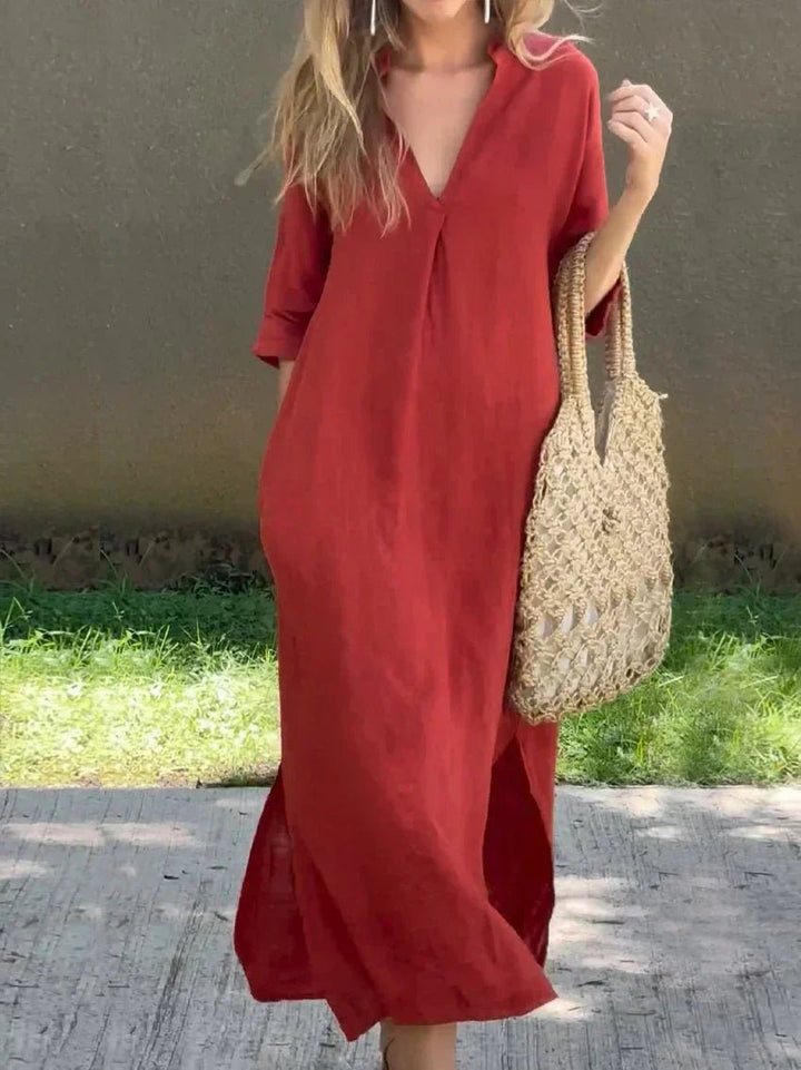 Women's relaxed fit V-neck cotton linen maxi dress with 3/4 sleeves, perfect for casual summer style.