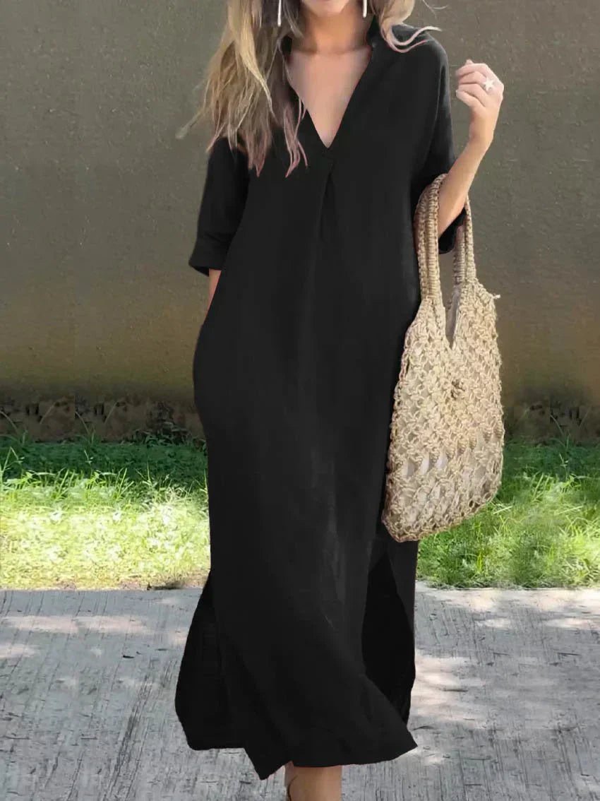 Flowy women's V-neck maxi dress for effortless casual, holiday, or vacation wear. Comfortable cotton linen.