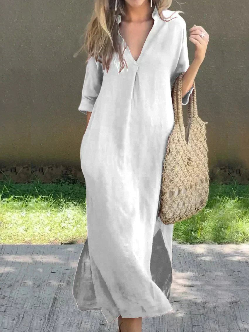 Comfortable women's relaxed fit V-neck maxi dress in breathable cotton linen, ideal for summer and holidays.