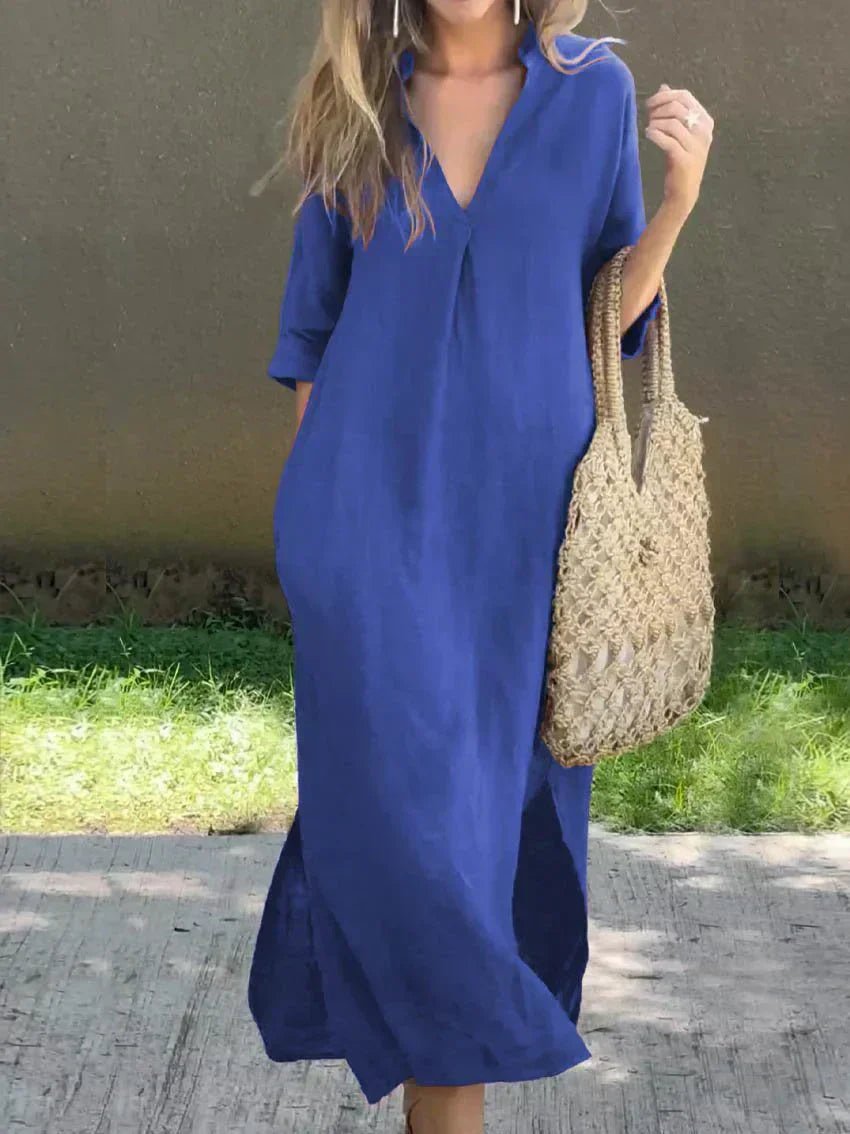 Three-quarter sleeve V-neck maxi dress for women. Relaxed cotton linen flowy style, great for any casual occasion.