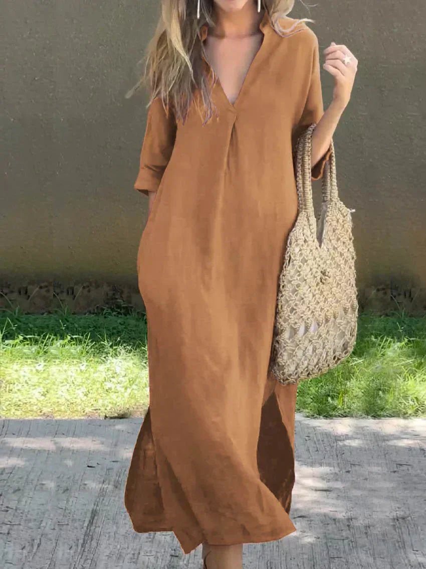 Women's V-neck summer maxi dress, relaxed fit cotton linen for comfortable holiday or vacation style.