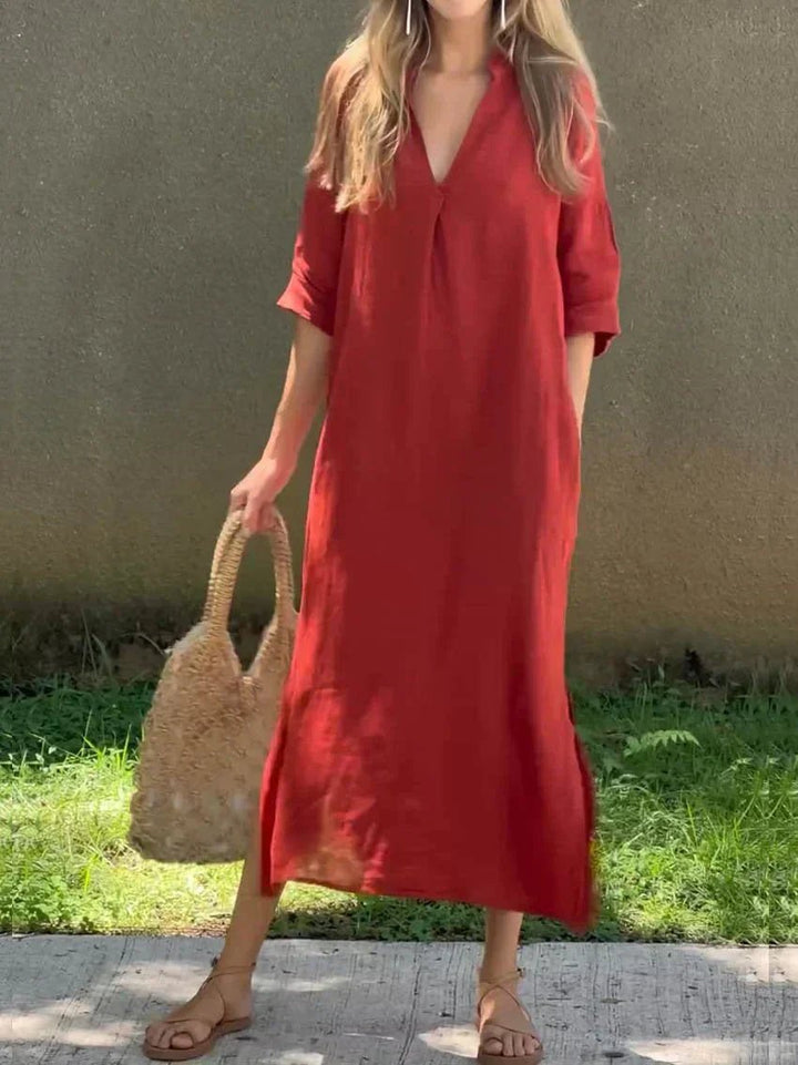 Effortless style: Women's flowy V-neck cotton linen maxi dress, relaxed fit, perfect as a casual or holiday dress.