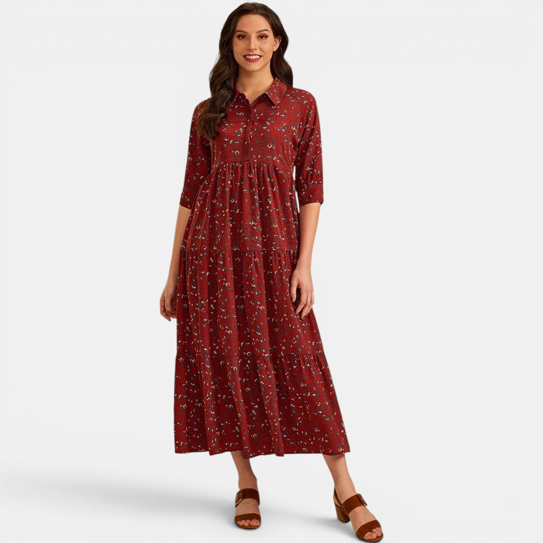 Spring fashion: Women's floral V-neck maxi dress, relaxed fit, styled casually.