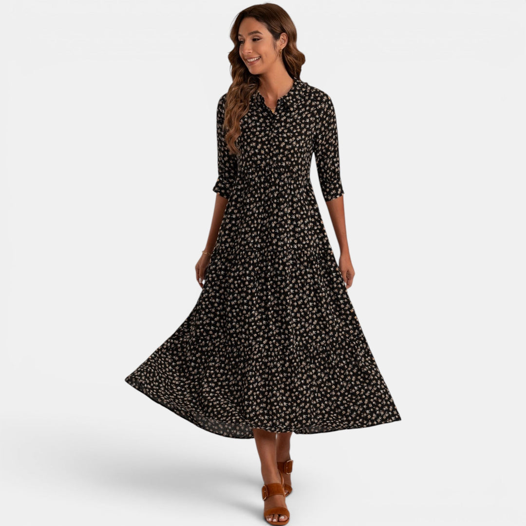 Full-length view of a women's relaxed fit floral print V-neck maxi dress, everyday comfort.