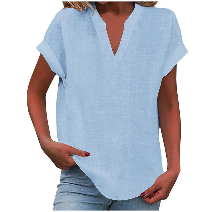 Versatile women's V-neck top, short sleeve, relaxed fit for office or everyday.