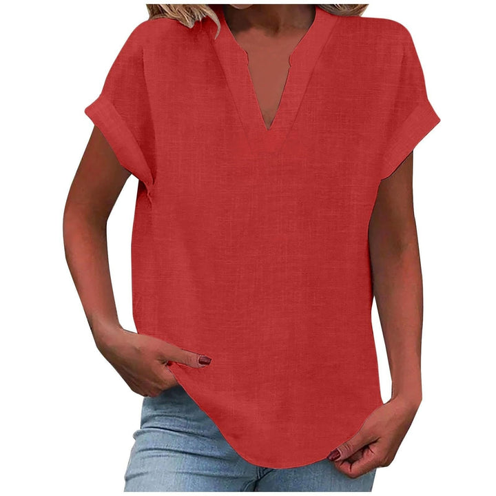 Relaxed-fit V-neck blouse for women, short sleeves, perfect for casual elegance.